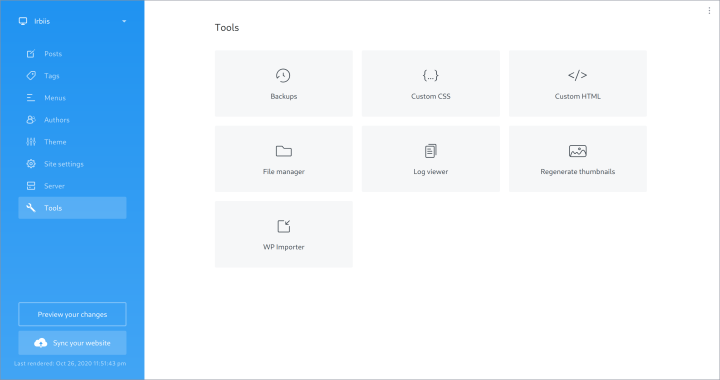 Publii outils custom css custom html file manager log viewer